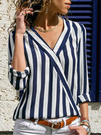 Striped Linen Blend V-Neck Long Sleeve Shirt