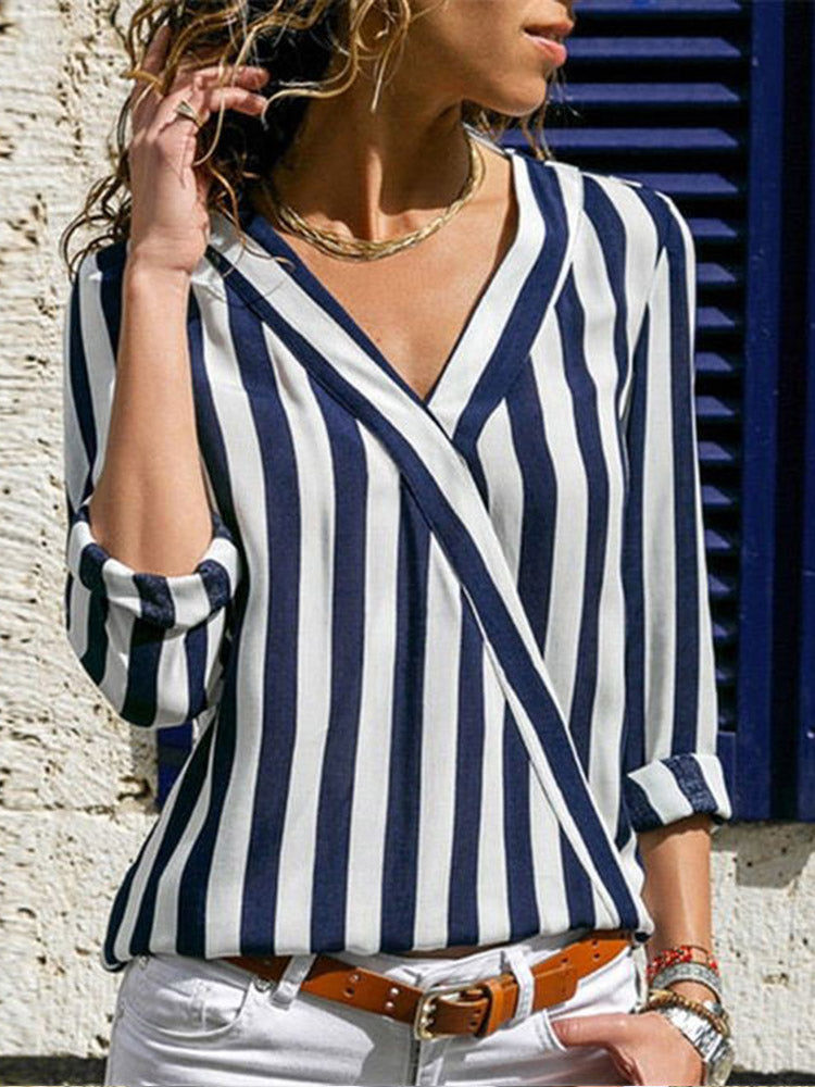 Striped Linen Blend V-Neck Long Sleeve Shirt