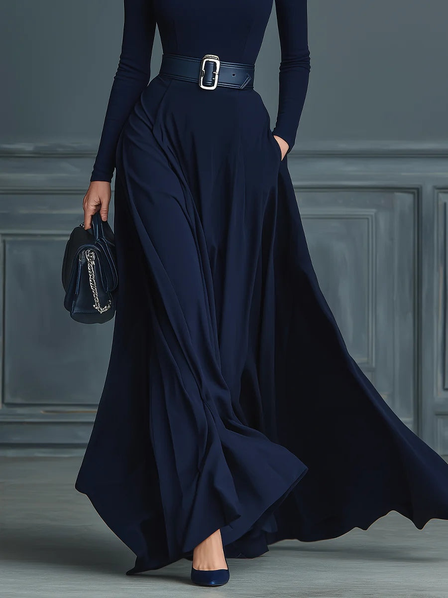 Dark Blue Knitted High-neck Dress(No belt)
