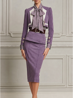 Lavender Stripe Bow Neck Cropped Blazer & Pencil Midi Skirt Two-Piece Suit Set