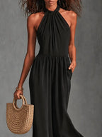 Black Chfiion Halter Jumpsuit High Waist Floor Length Maxi Dress