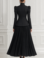 Black Stand Collar Puff Shoulder Tailored Jacket & Pleated Maxi Skirt Two-Piece Set