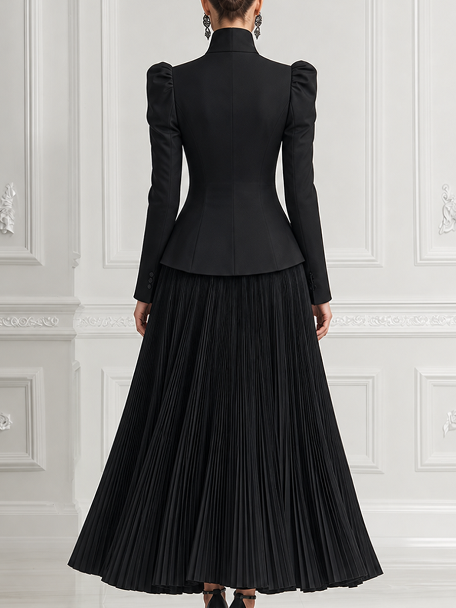 Black Stand Collar Puff Shoulder Tailored Jacket & Pleated Maxi Skirt Two-Piece Set