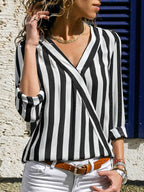 Striped Linen Blend V-Neck Long Sleeve Shirt