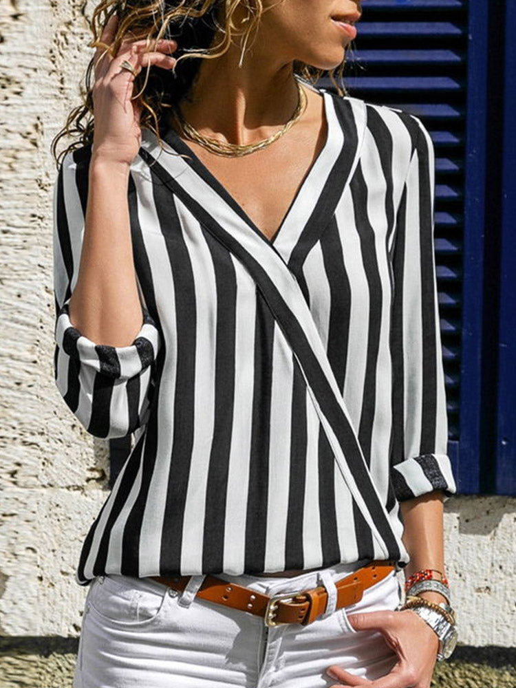 Striped Linen Blend V-Neck Long Sleeve Shirt