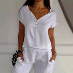 Casual Solid Color V-Neck Button-Down Short-Sleeved Top