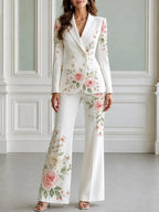 Floral Print Double Breasted Blazer & Flared Pants Suit