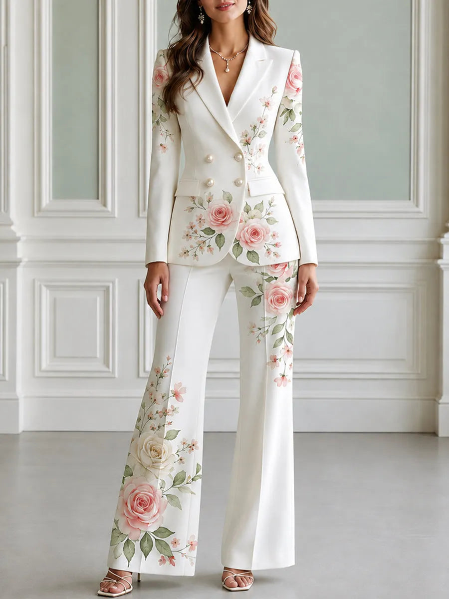 Floral Print Double Breasted Blazer & Flared Pants Suit