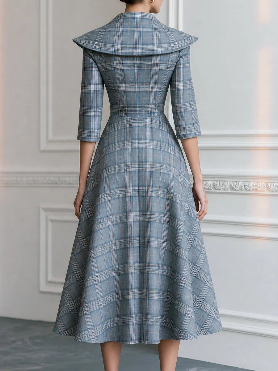 Plaid Portrait-Collar Button-Front A-Line Midi Dress