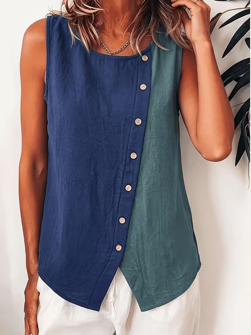 Women's Color-block Sleeveless Fashion Tank Top, Vacation Style Round Neck Linen Textured Top