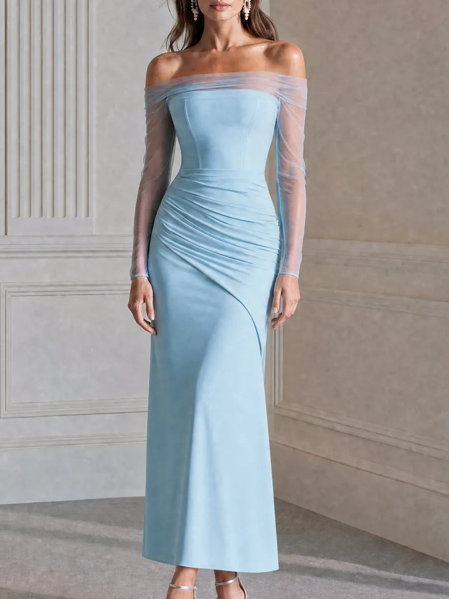Off-Shoulder Sheer Mesh Sleeve Ruched Maxi Dress