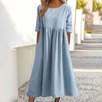 2025 spring and summer new round neck 5-quarter sleeve large size loose long cotton and linen dress