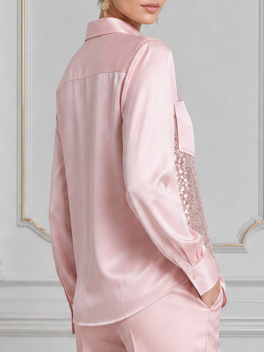 Pink Satin Sequin Button Front Blouse