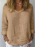 Women's V-neck Long-sleeved Cotton And Linen Top