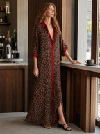 Effortless Glam Sheer Leopard Deep-V Belted Brown Shirt Maxi Dress