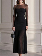Elegant Sheer Mesh Long Sleeve Pleated Hem Midi Dress