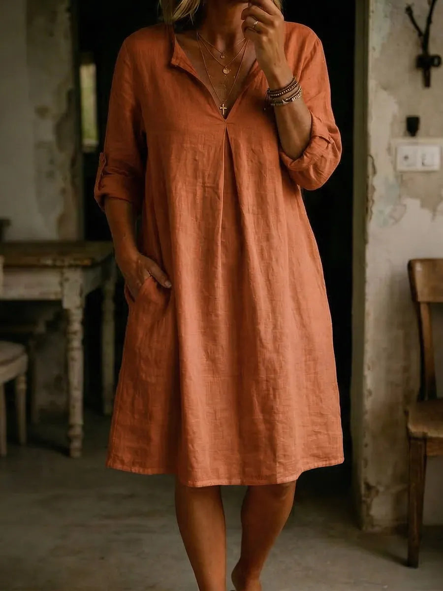 Women's V-neck Pleated Long-sleeve Dress