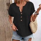 Women's Solid Color Button Linen V-neck T-shirt
