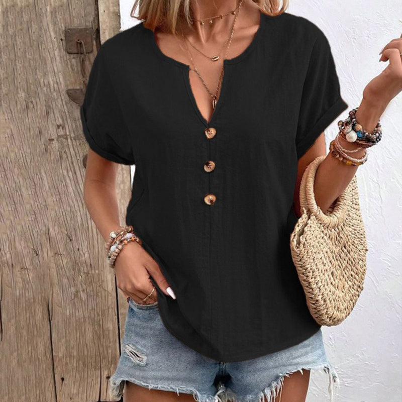 Women's Solid Color Button Linen V-neck T-shirt