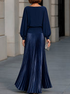 Pleated Satin Long Sleeve Flowing Maxi Dress
