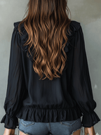 Romantic Bohemian Ruffle Trim V-Neck Lightweight Black Blouse