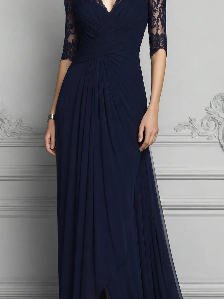 Navy Lace Dress Wrap V Neck Chiffon Slit Maxi Dress