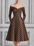 Brown Polka Dot Dress Fall Wedding Guest Dress Off Shoulder A-Line Midi Dress