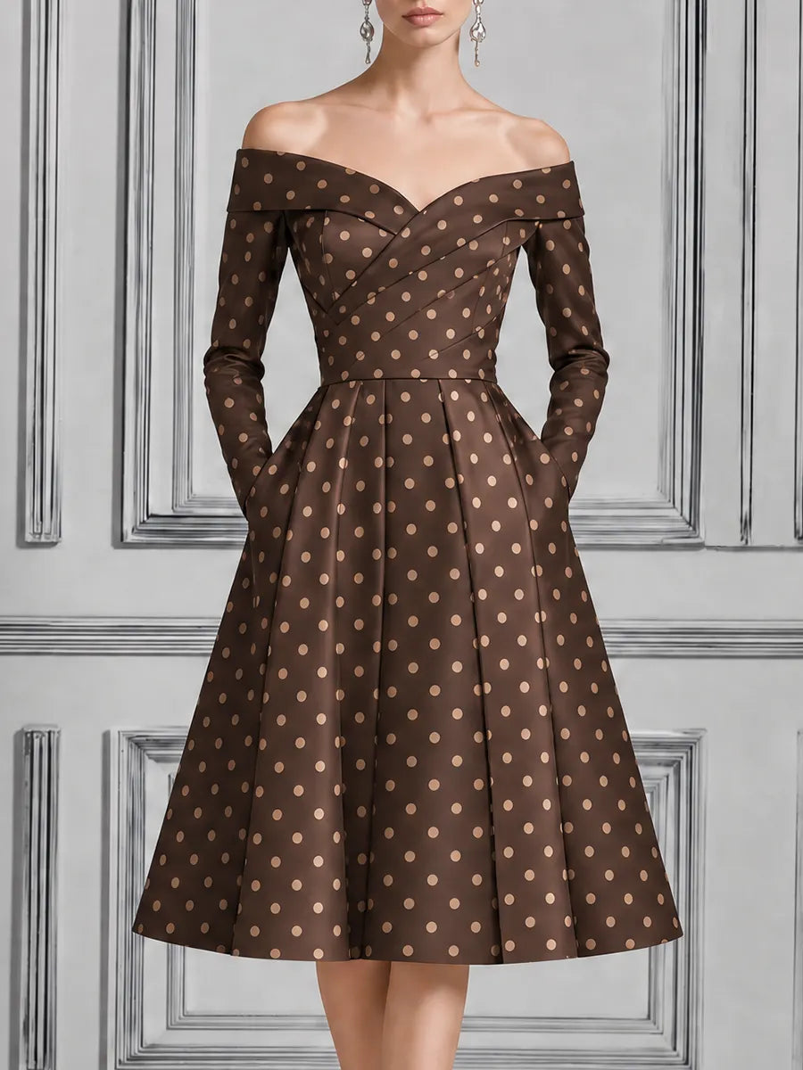 Brown Polka Dot Dress Fall Wedding Guest Dress Off Shoulder A-Line Midi Dress