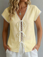 Color-block Short-sleeve Laces Top