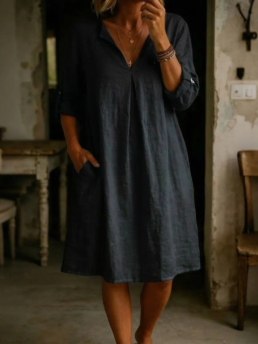 Women's V-neck Pleated Long-sleeve Dress