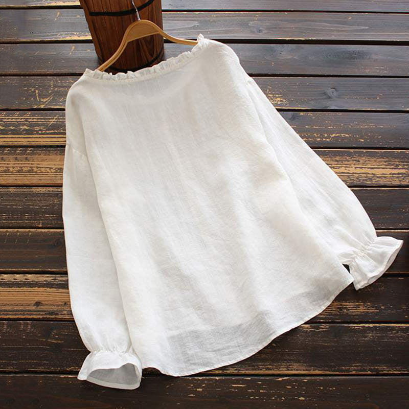 Vintage Flounce Floral Embroidery Cotton Linen Comfy Shirt