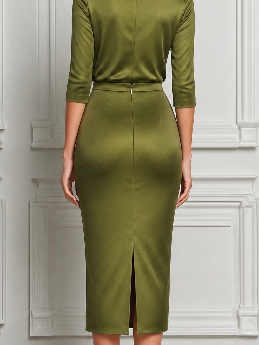 Olive Green Satin Draped Cowl Neck Pencil Midi Dress