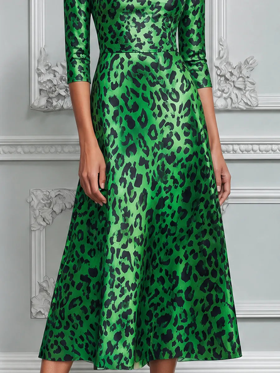 Emerald Green Leopard Print Cowl Neck A-Line Midi Dress