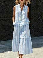 Women's Sleeveless Striped Maxi Dress & Zip-up Stand-collar Shirt Two-piece Set