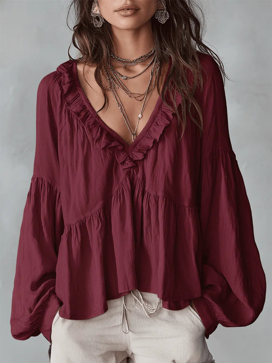 Women's Solid Color Retro Ruffled Casual Cotton Linen Shirt