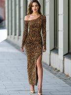 Asymmetric Leopard Print Maxi Dress