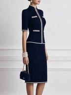 Pearl-Trimmed Ribbed Knit Zip-Up Top and Pencil Skirt Set