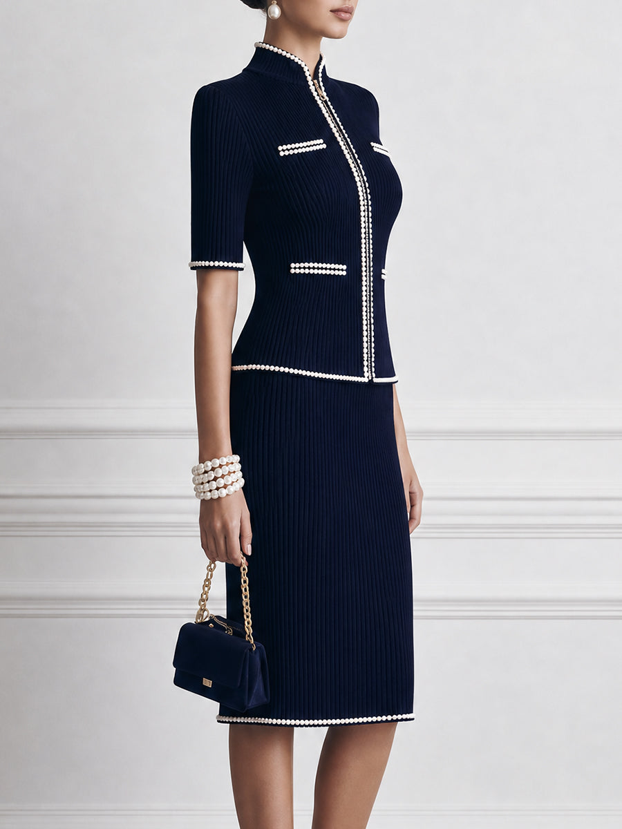 Pearl-Trimmed Ribbed Knit Zip-Up Top and Pencil Skirt Set