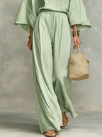 Sage Mist Half-open Loose Top And Wide-leg Pants Set
