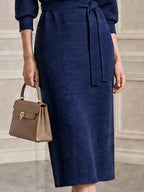 Ribbed Knit Self Tie Waist Belt Puff Sleeve Polo Collar Dress