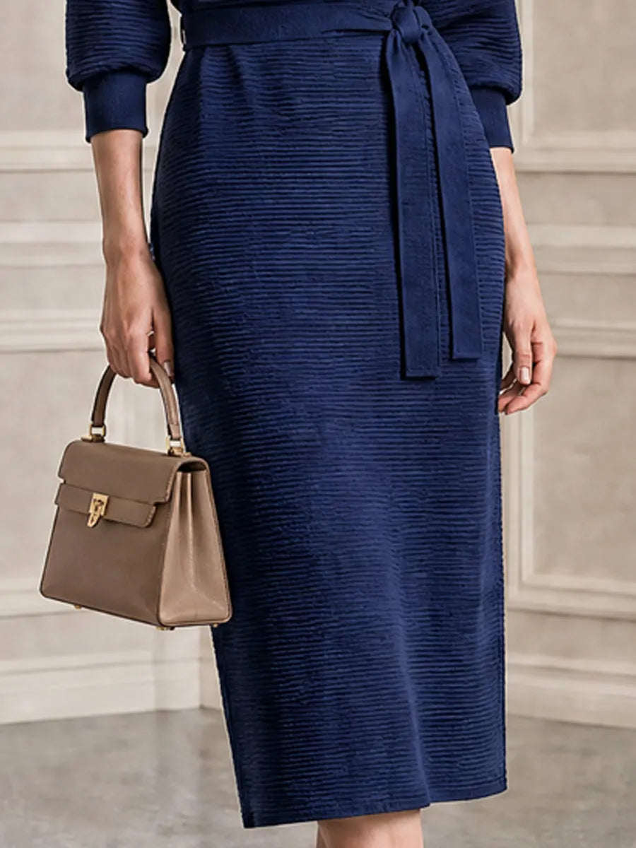Ribbed Knit Self Tie Waist Belt Puff Sleeve Polo Collar Dress