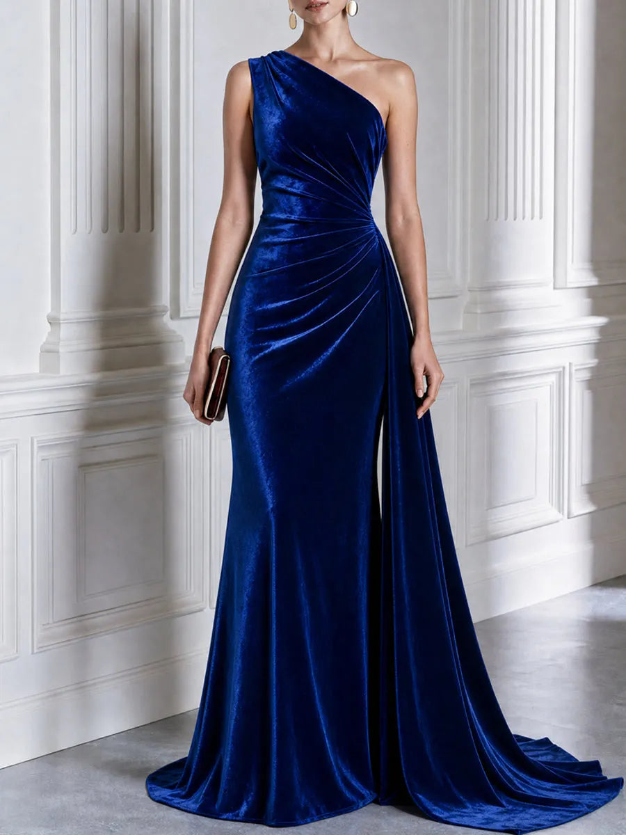 One-Shoulder Velvet Draped Mermaid Evening Gown
