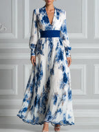 White Dress Fall Wedding Guest Dress Blue Floral Pleated Maxi Dress
