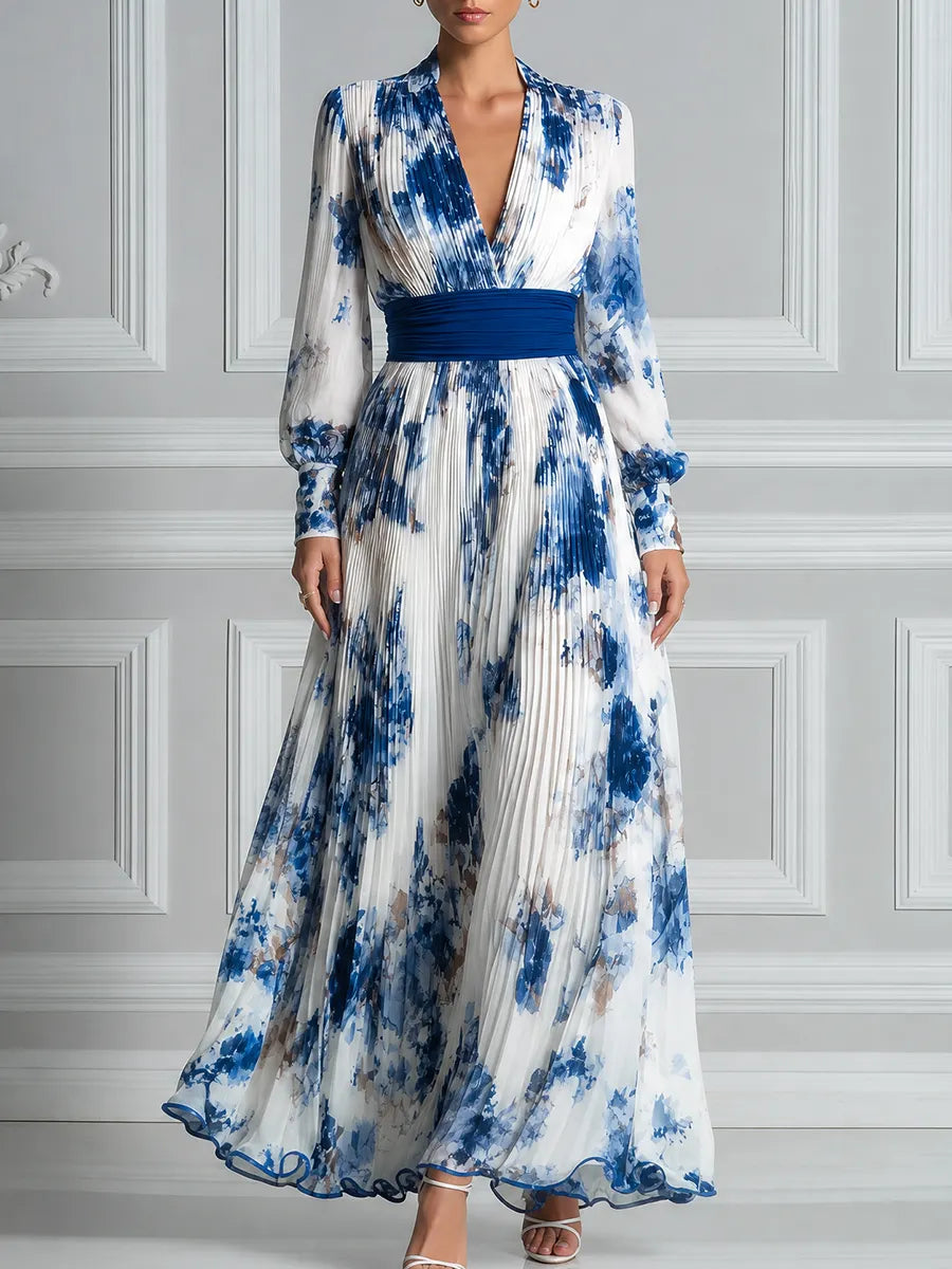 White Dress Fall Wedding Guest Dress Blue Floral Pleated Maxi Dress