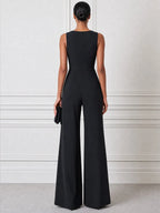3D Rosette Pearl Tassel Sleeveless Bateau-Neck Wide-Leg Jumpsuit