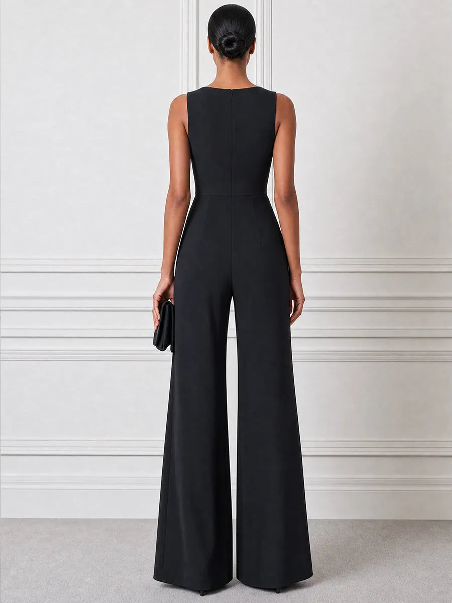3D Rosette Pearl Tassel Sleeveless Bateau-Neck Wide-Leg Jumpsuit