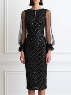 Sequin Diamond-Lattice Sheer Dot-Mesh Puff Sleeve Bodycon Midi Dress