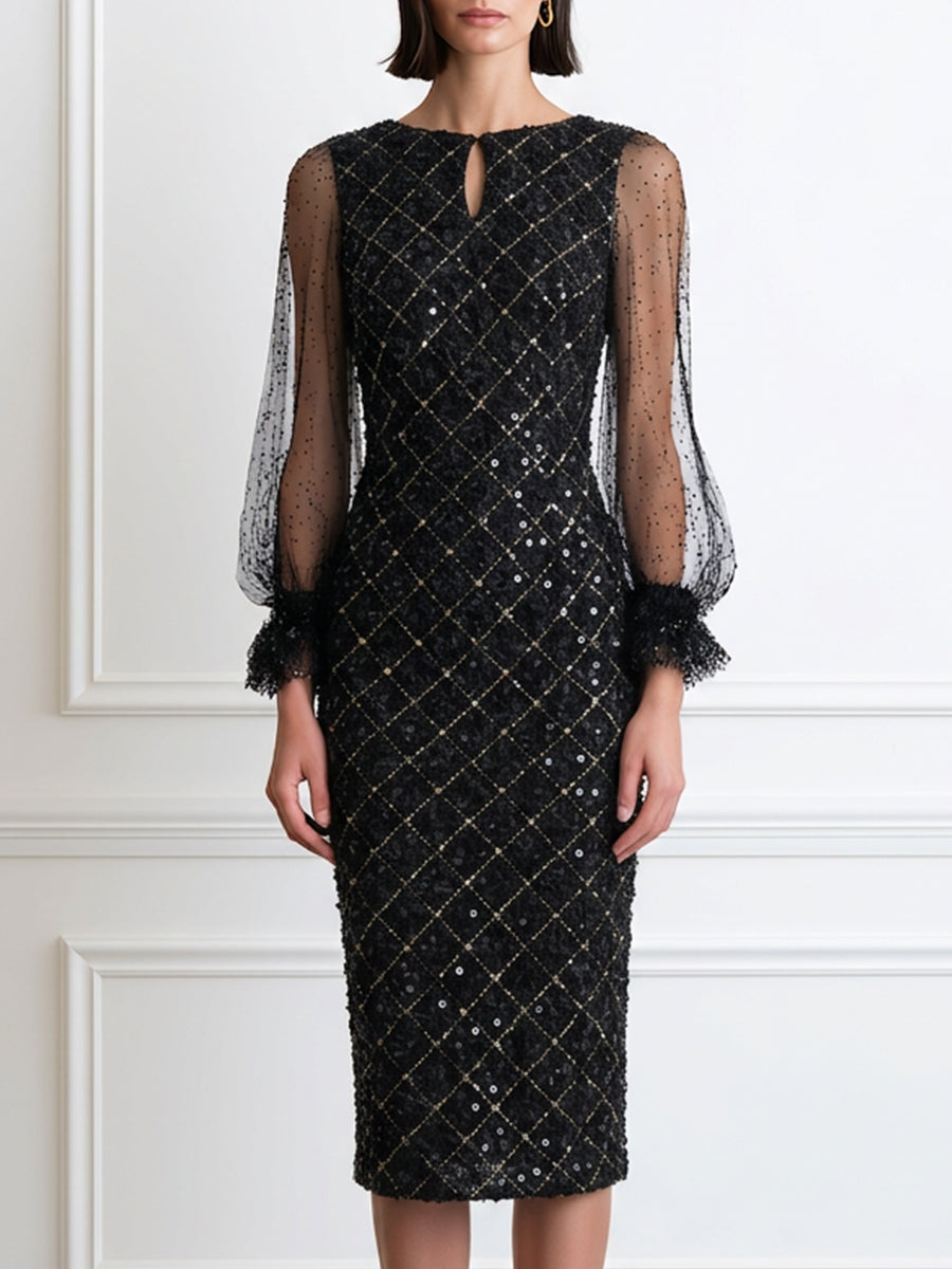 Sequin Diamond-Lattice Sheer Dot-Mesh Puff Sleeve Bodycon Midi Dress
