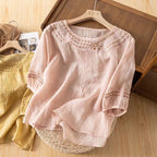 Women's Casual Floral Embroidered Linen Blend Blouse