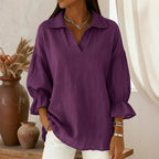 Women's Solid Color Collared Long Sleeve Loose Blouse
